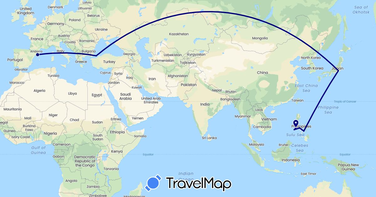TravelMap itinerary: driving in Spain, Japan, Philippines, Turkey (Asia, Europe)